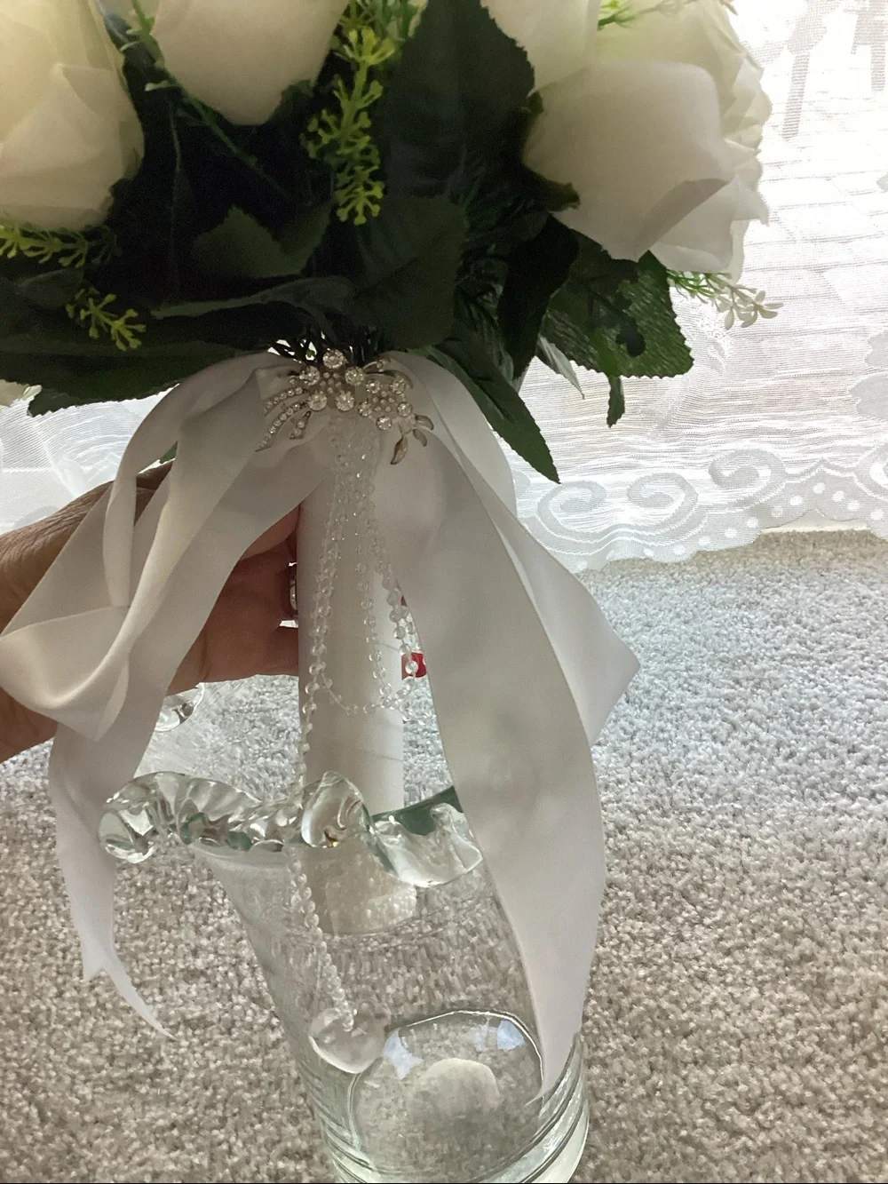 White Rose Bridal Bouquet with Satin Ribbon and hanging heart ❤️ NEW NEVER USED